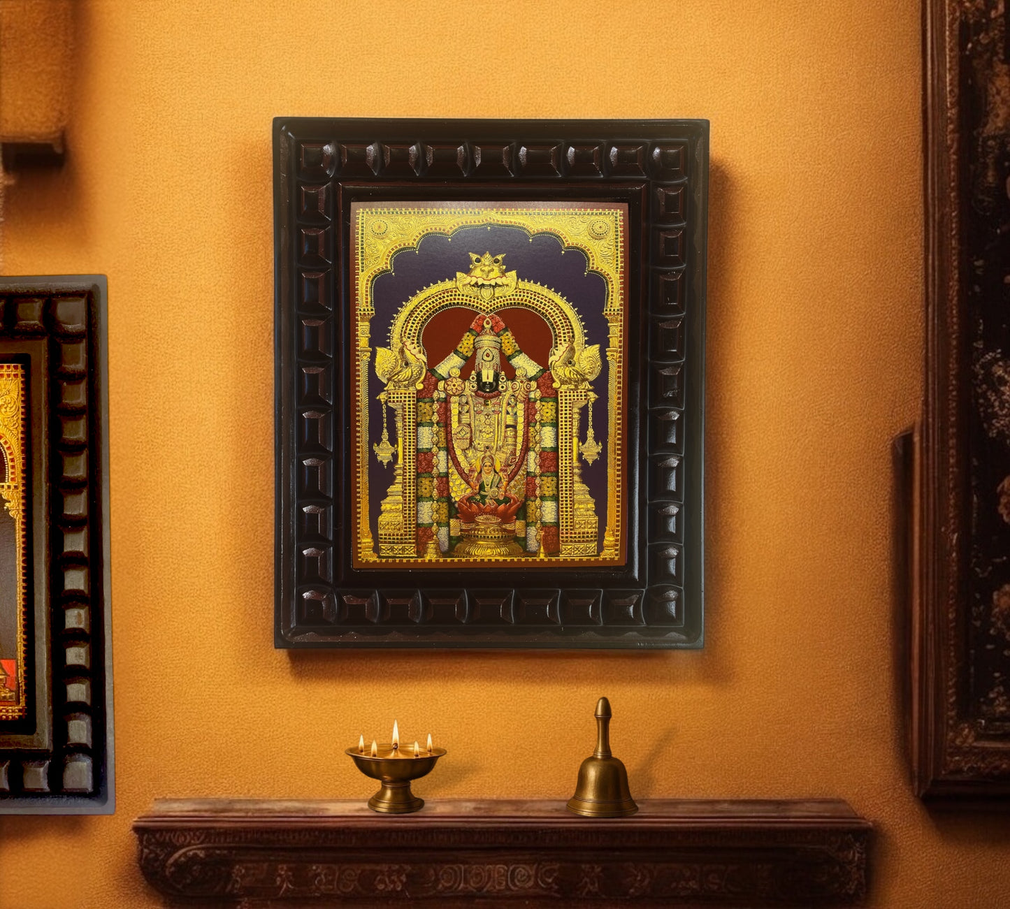 Tirupati Balaji Gold Leafed Art With Wooden Frame