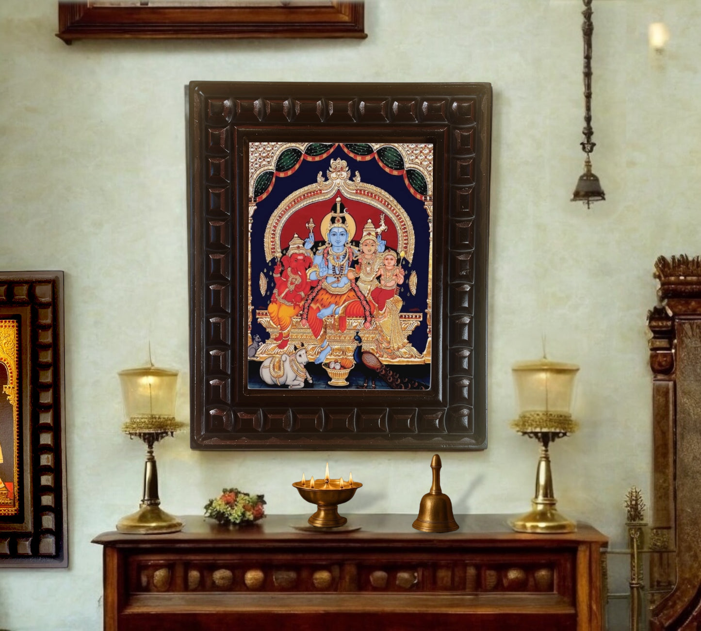 Shiva Parivar with blue Shiva Gold foiled art in wooden frame