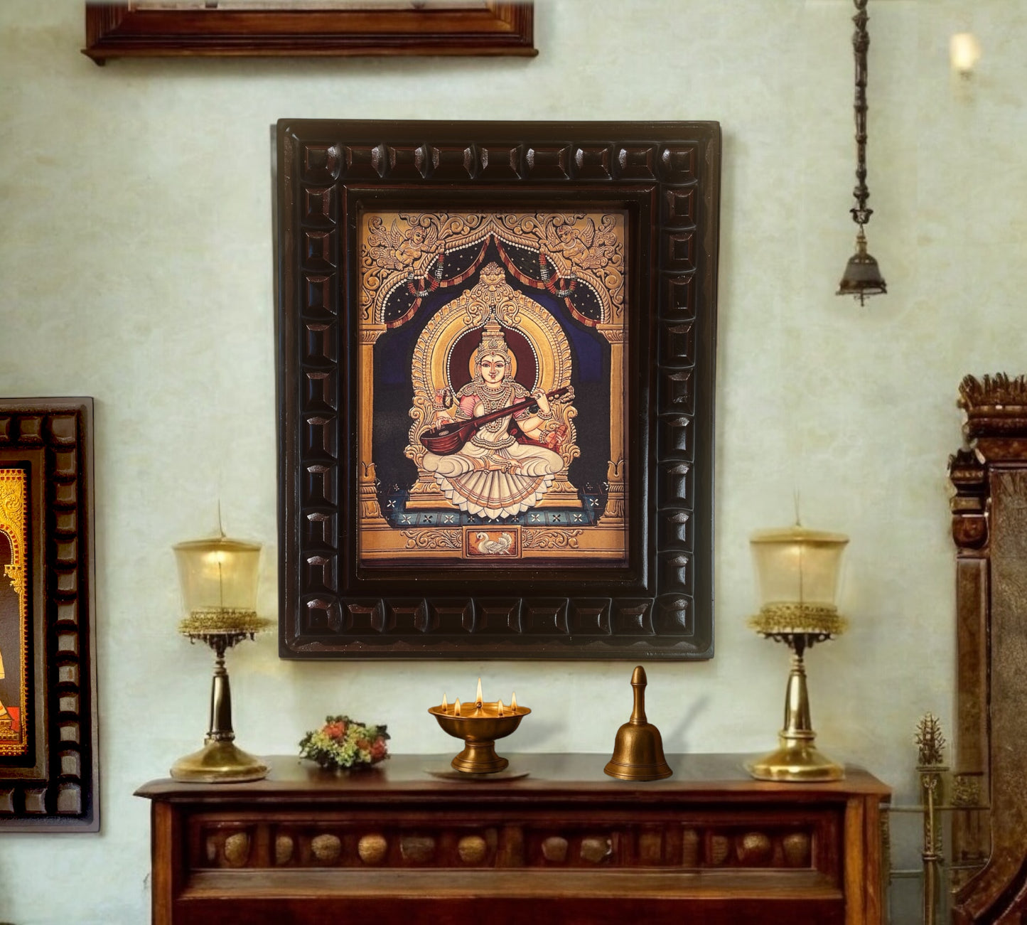 Goddess Saraswati Gold Leafed Art With Wooden Frame