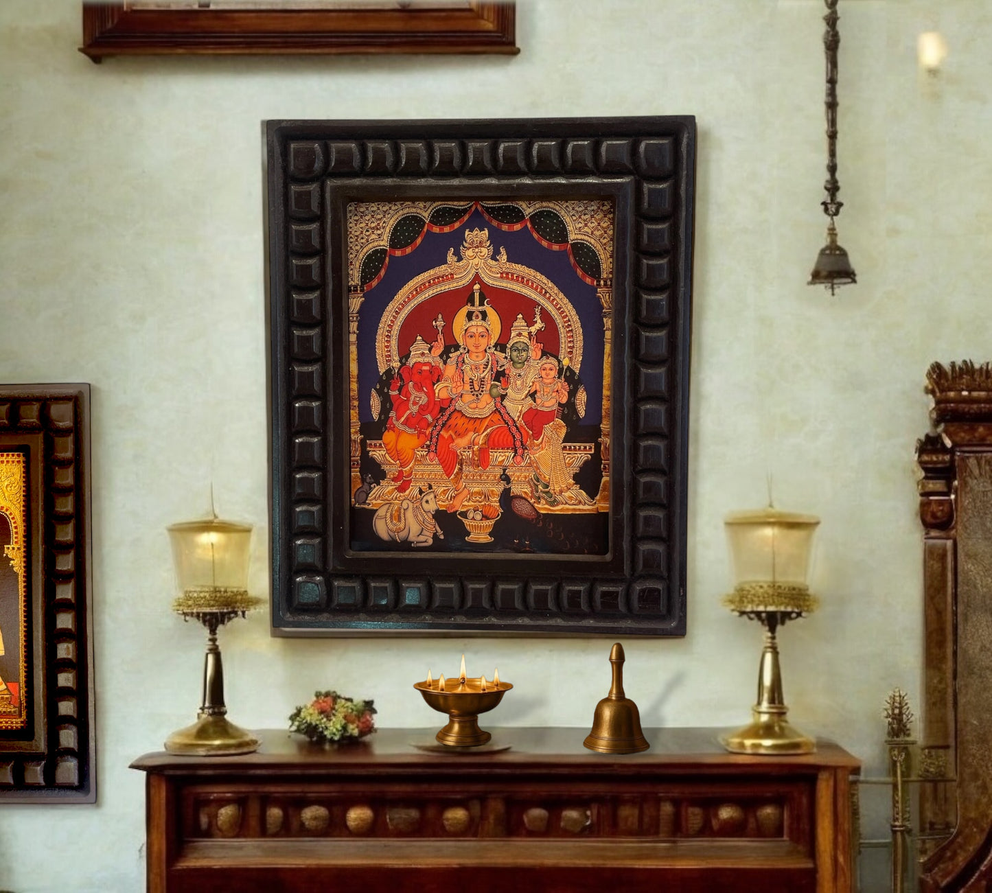 Shiva Parivar Gold Leafed Art With Wooden Frame