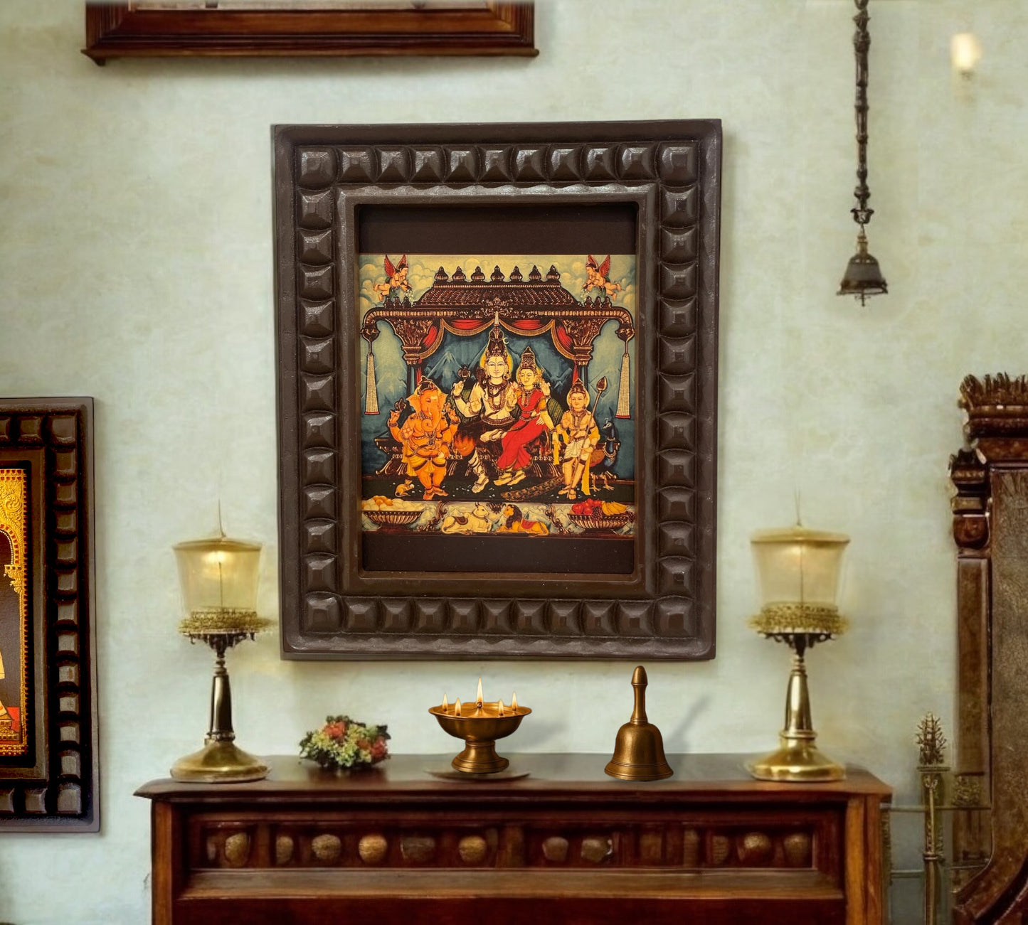 Shiva Parivar In Mantap Gold Leafed Art With Wooden Frame