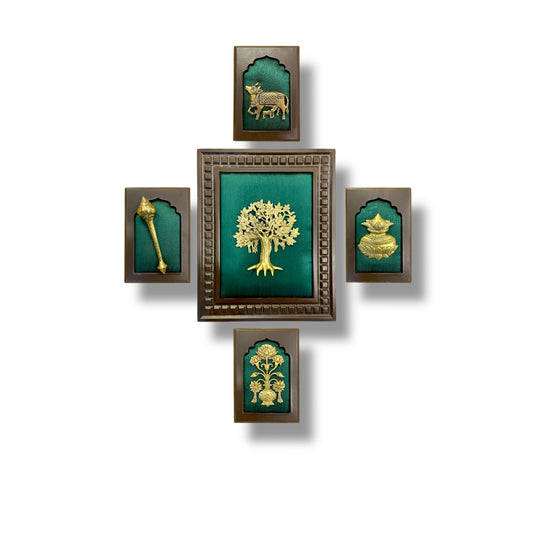 Green Wall Art Set with Kalapvriksha, Gadha, Flower pot, kamdhenu, Kuber Kalash