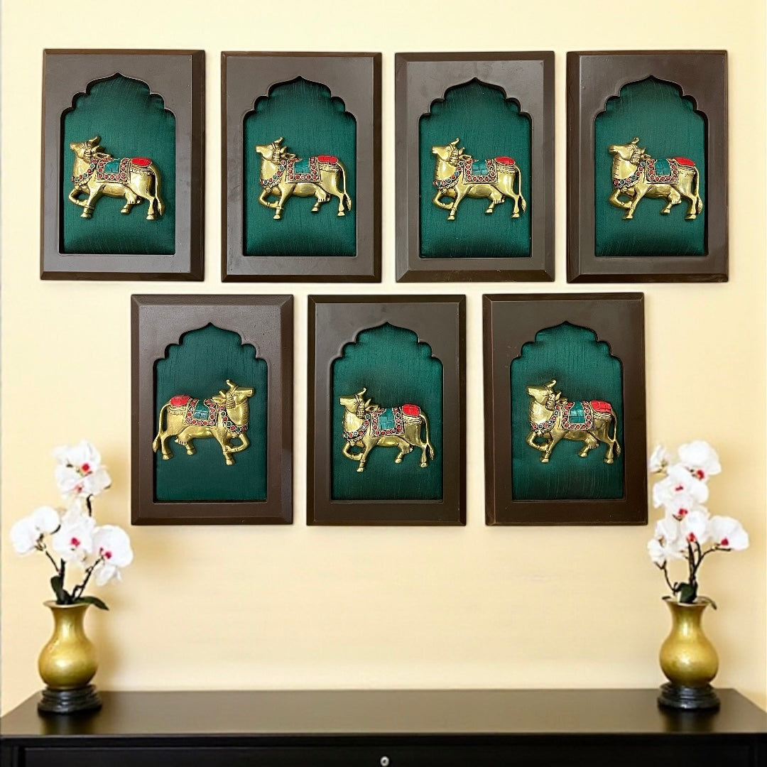 7 Set Brass Kamadhenu on Green Silk | Auspicious Wall Art for Pooja Room & Gifting – Estudio