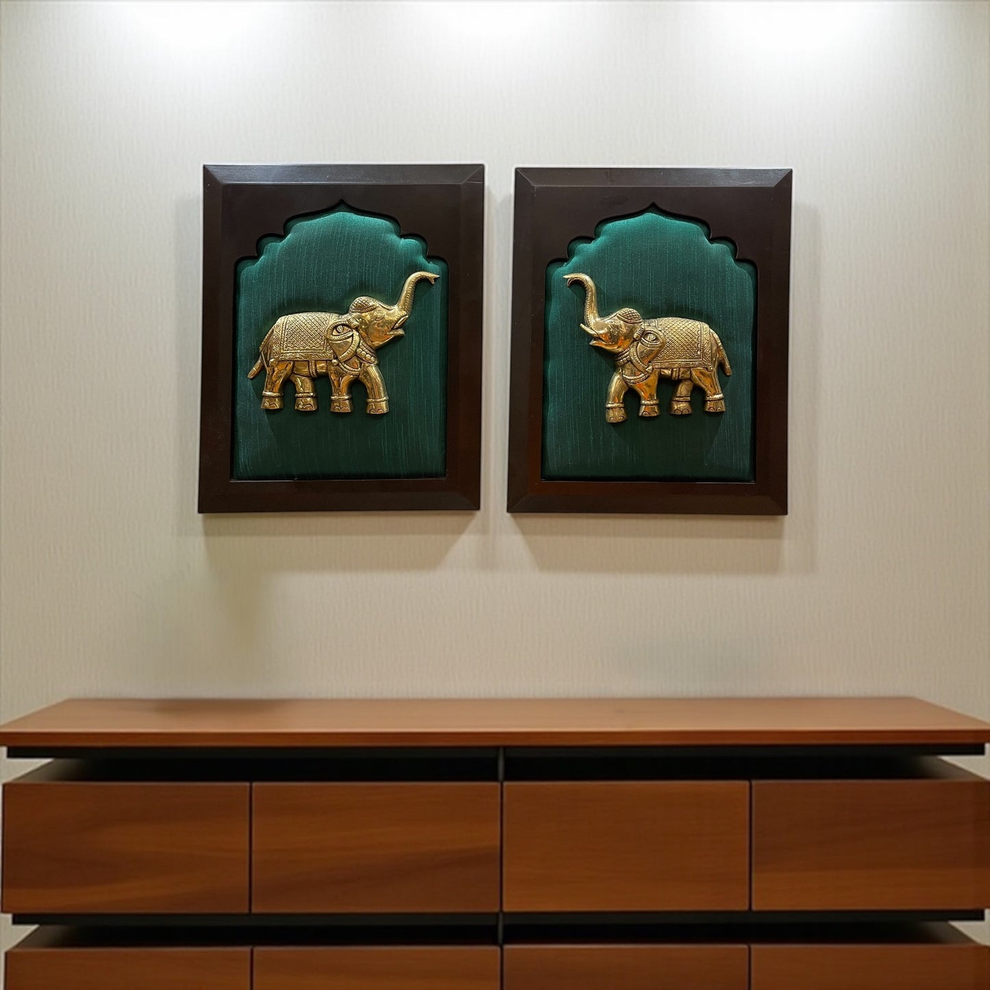 Brass Elephant 2 with Rama Green Silk in Wooden Frame – By Estudio