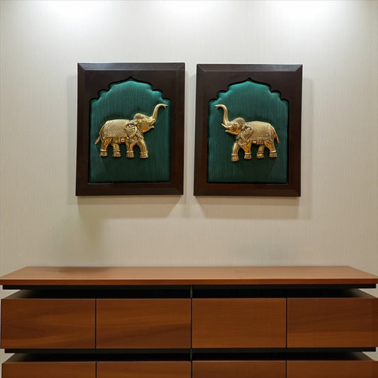 Brass Elephant 2 with Rama Green Silk in Wooden Frame – By Estudio