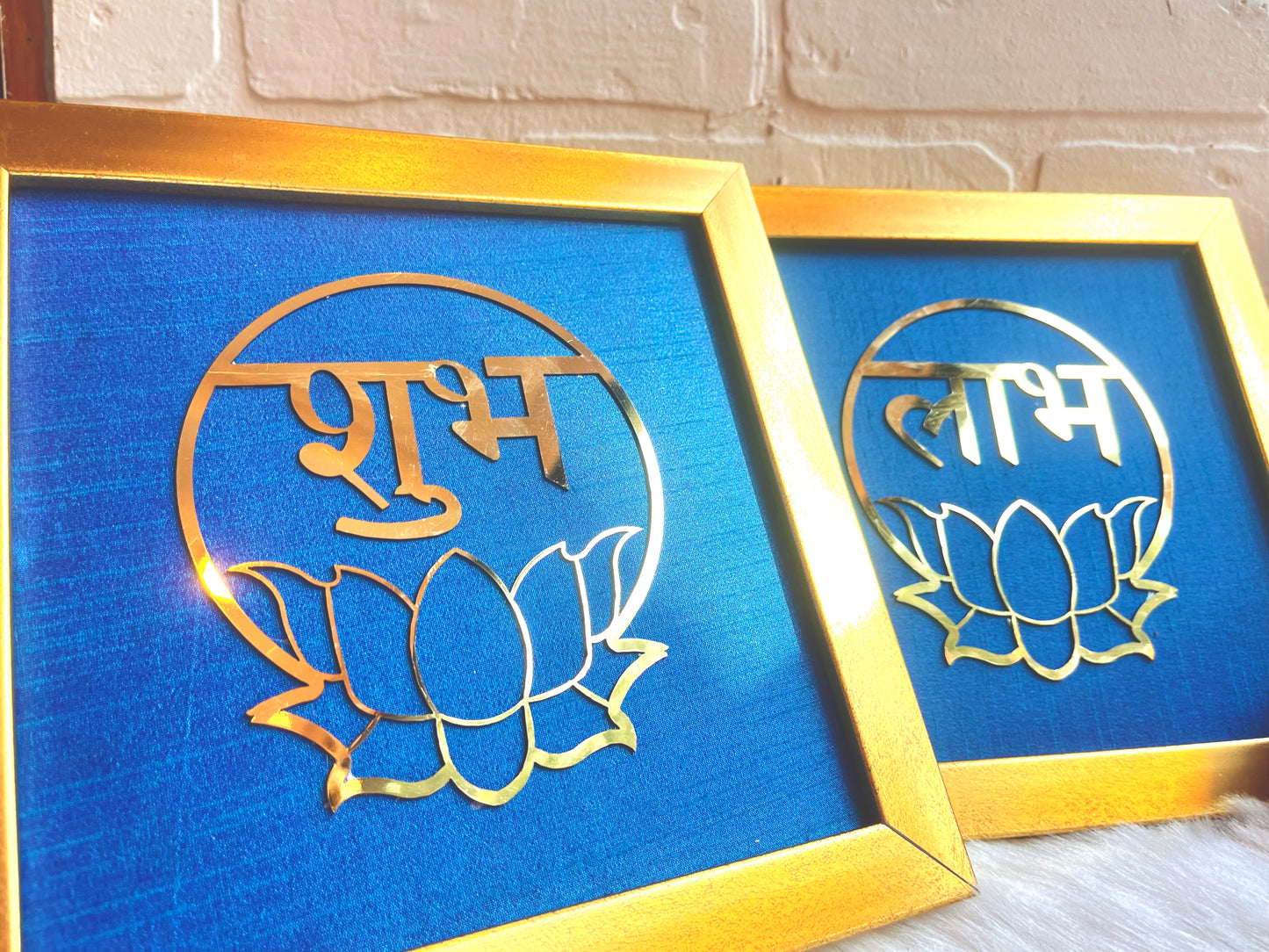 Shubh Labh metal brass with Royal Blue silk backdrop -resin gold frame