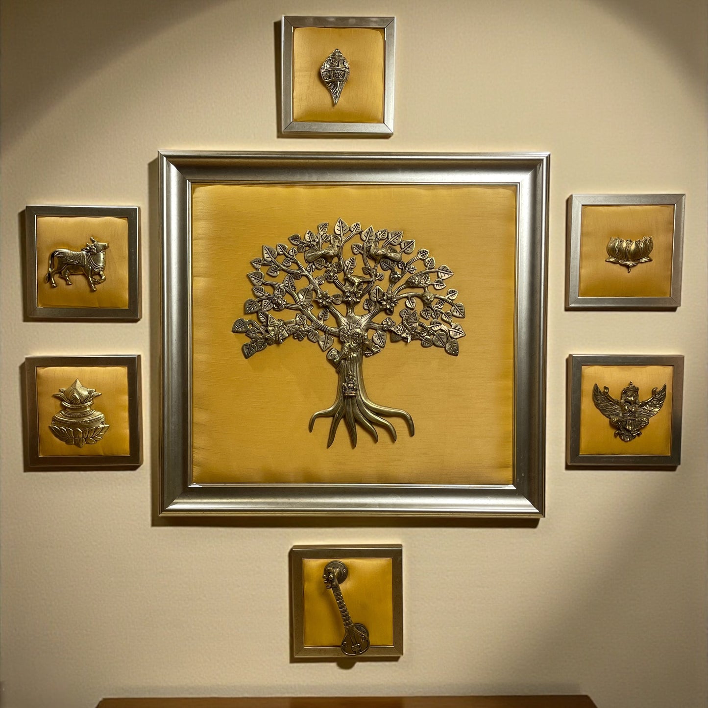 Golden Brass Wall Art Set – Kalpavriksha with Divine Elements.