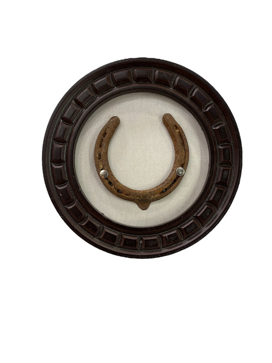 Good Luck Horse Shoe Natural with off white silk backdrop carved circular wooden frame
