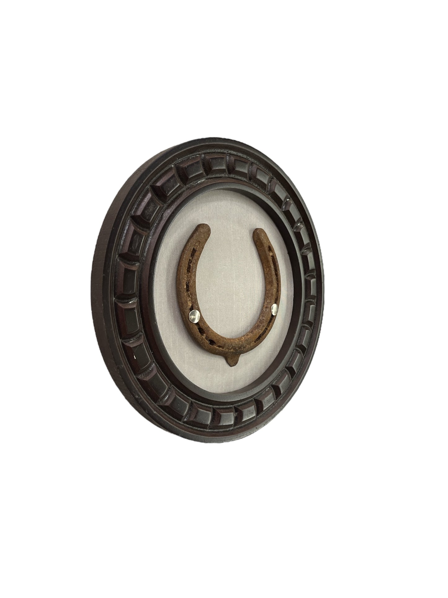 Good Luck Horse Shoe Natural with off white silk backdrop carved circular wooden frame