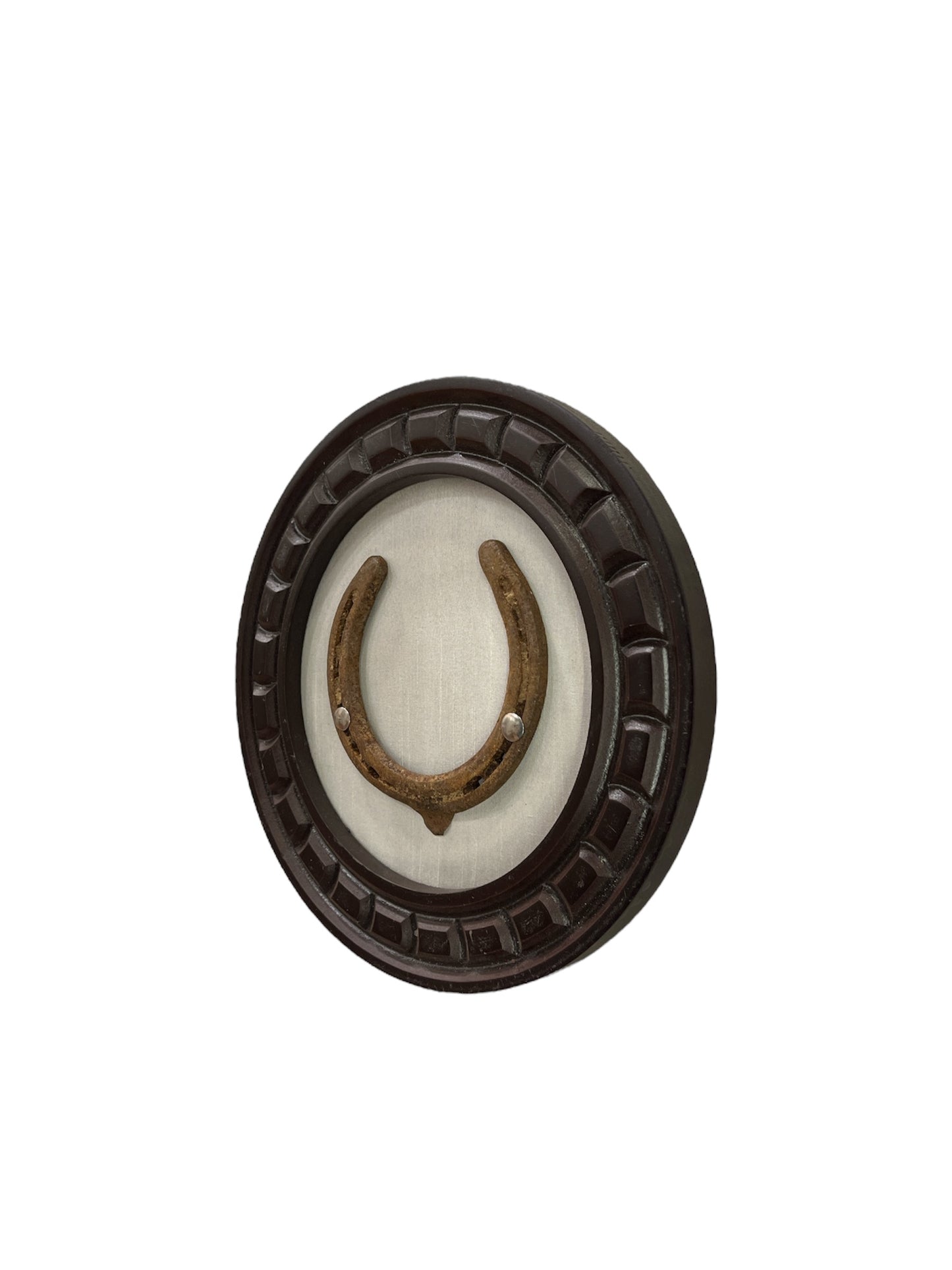Good Luck Horse Shoe Natural with off white silk backdrop carved circular wooden frame
