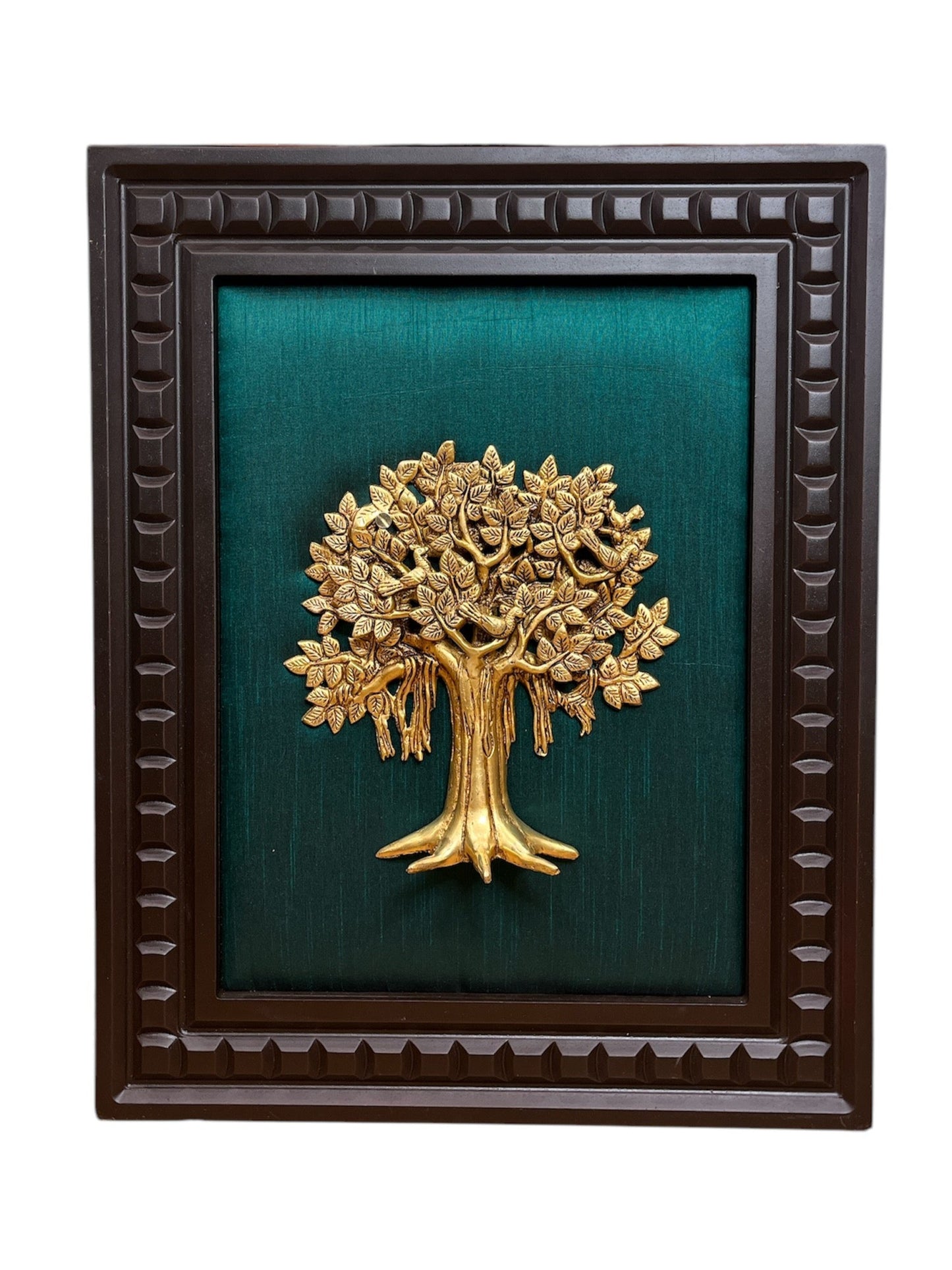 Brass Kalpavriksha with Dark green silk backdrop in wooden frame