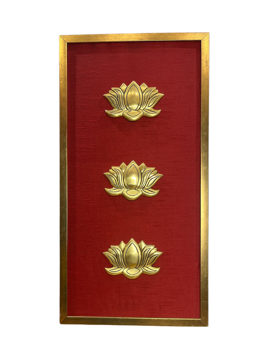 Brass Lotus with Red Silk Backdrop in Golden box frame
