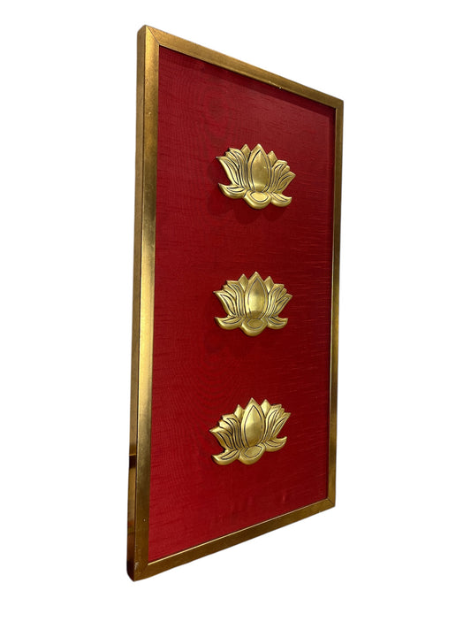 Brass Lotus with Red Silk Backdrop in Golden box frame