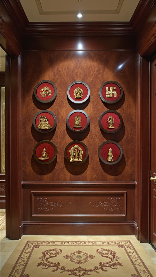 Brass Spiritual Wall Art Set – 9 Divine Plaques for Modern Pooja & Home Décor
