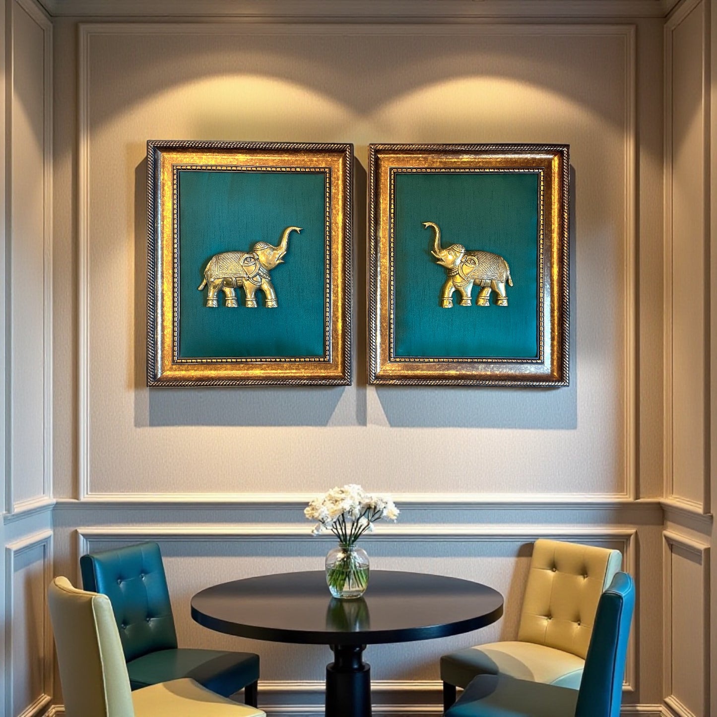 Brass Elephant 3 with Rama Green Silk in Wooden Frame – By Estudio