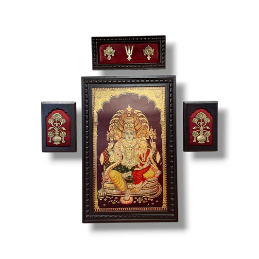 Wall Art Set Lakshmi Narayan Center, Flower Vase Pair Brass And Shanku Chakra Namam.