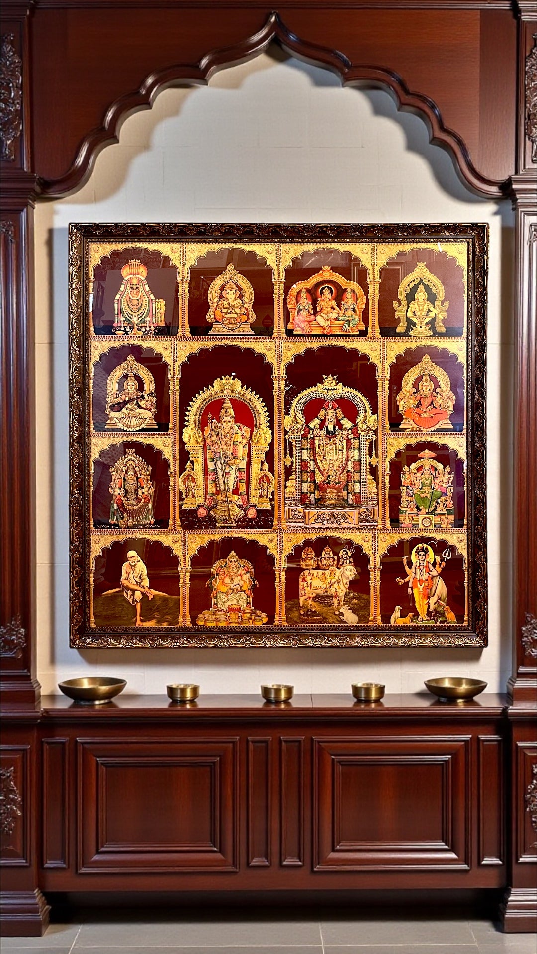 14 Divine Gods in One Grand Frame | 5×5 Ft Wooden Pooja Wall Art with Glass Covering.