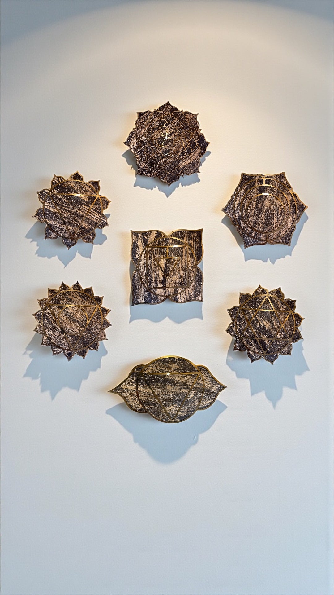 7 Chakra Wall Art | Sacred Energy Symbols, Wooden With Gold metal