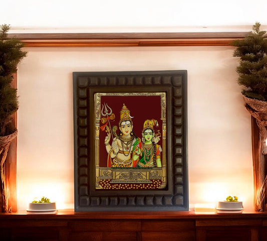 Shiva Parvati _2 Gold Leafed Art within Wooden Frame