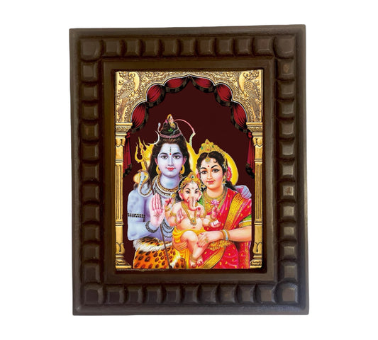 Shiva Parvati Ganesha Gold Foiled Art within wooden frame