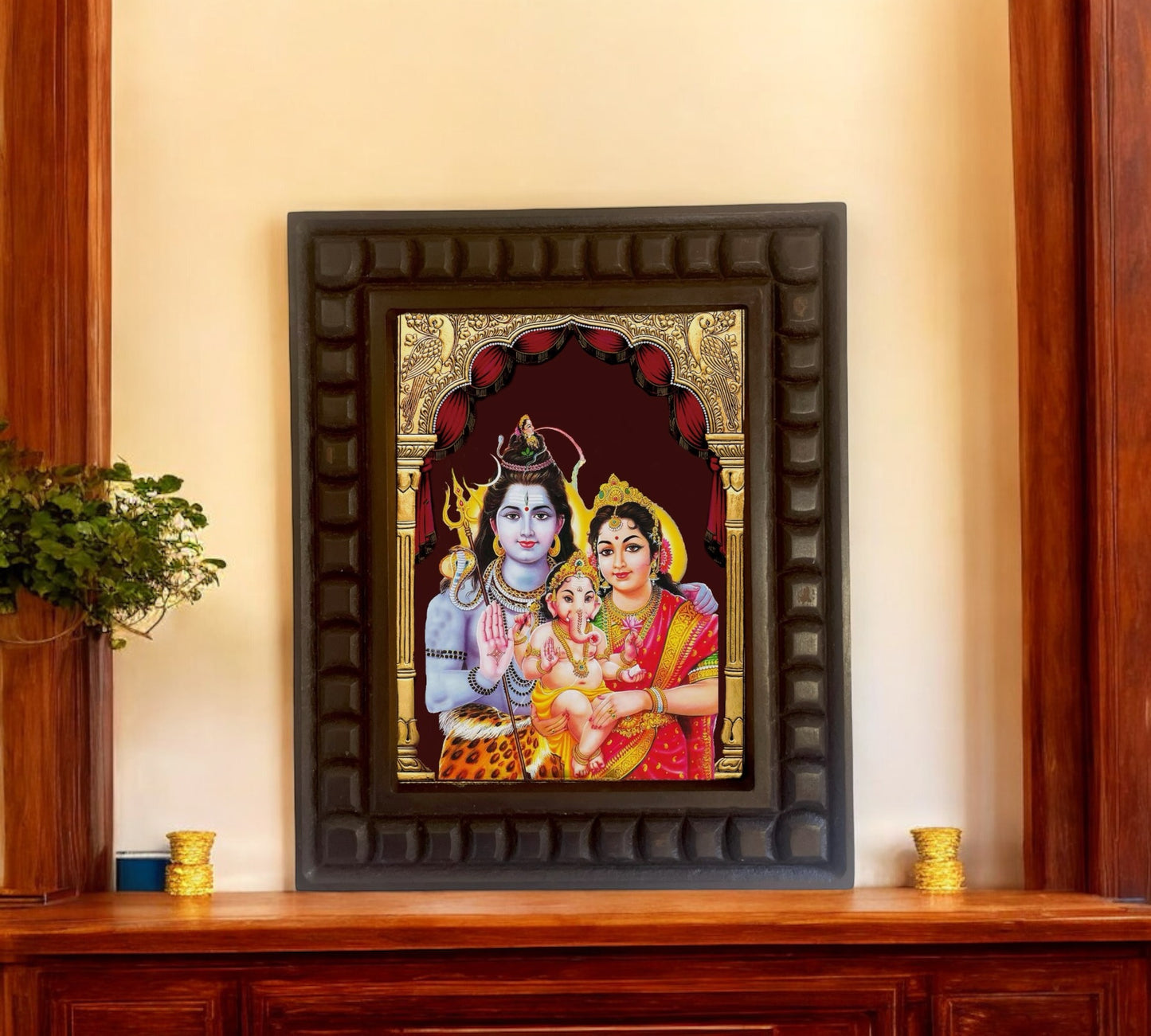 Shiva Parvati Ganesha Gold Foiled Art within wooden frame