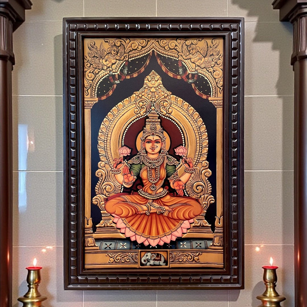 Shree Lakshmi 3 (Red Saree) Gold Leafed Art within Wooden frame