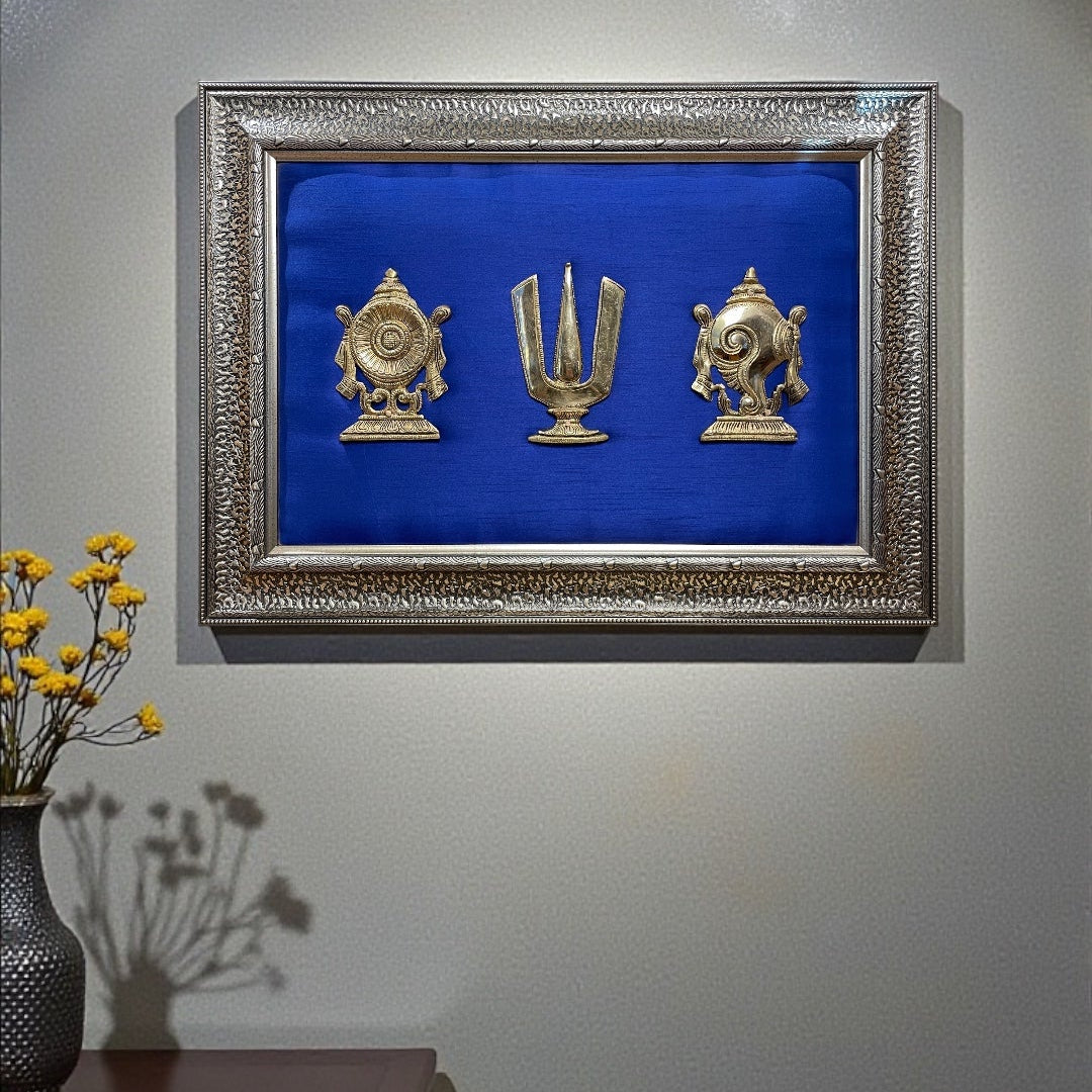 Tirupati Brass Shanku Chakra Namam with Blue Cushion in Moulded Frame