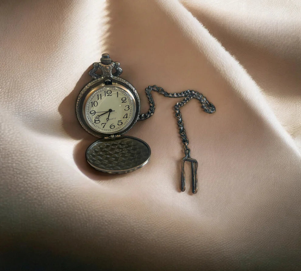 Vintage Brass Pocket Watch - Tempus Fugit With Wooden box