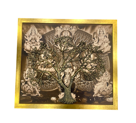 Tree of Life - Metal Kalpavriksha with Asta lakshmi Backdrop & Gold moulded Frame