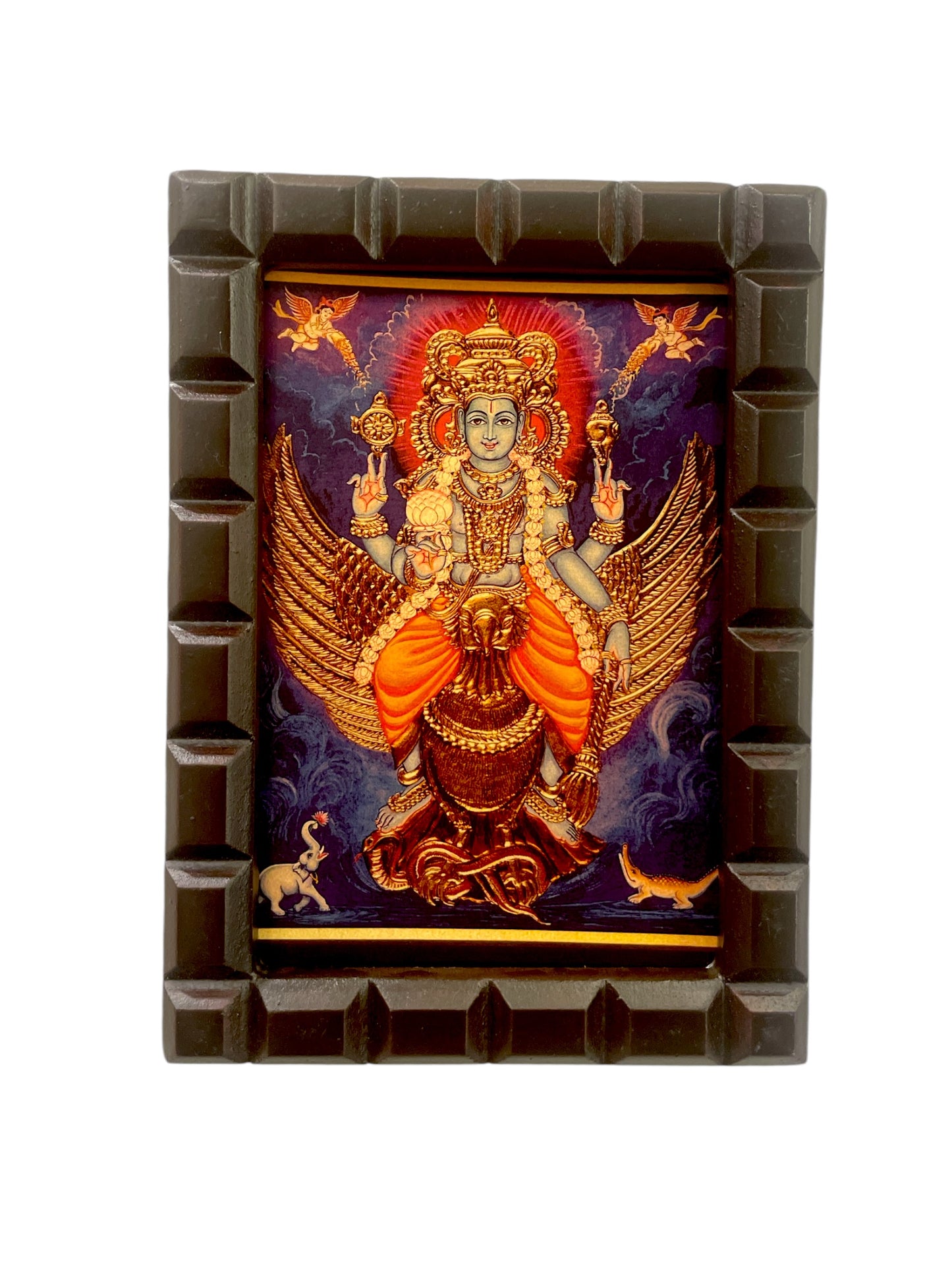 Vishnu: Mahavishnu seated on his vahan Garud Gold Leafed Art With Wooden Frame