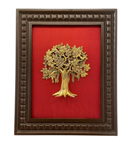 Brass Kalpavriksha with Red silk Backdrop in Wooden frame
