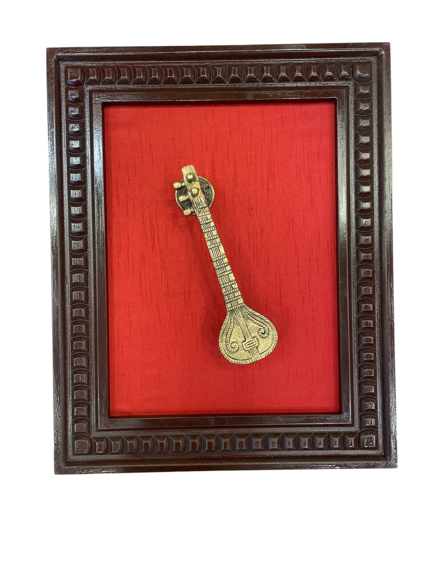 Sitar Brass With Wine red Backdrop Within Wooden frame