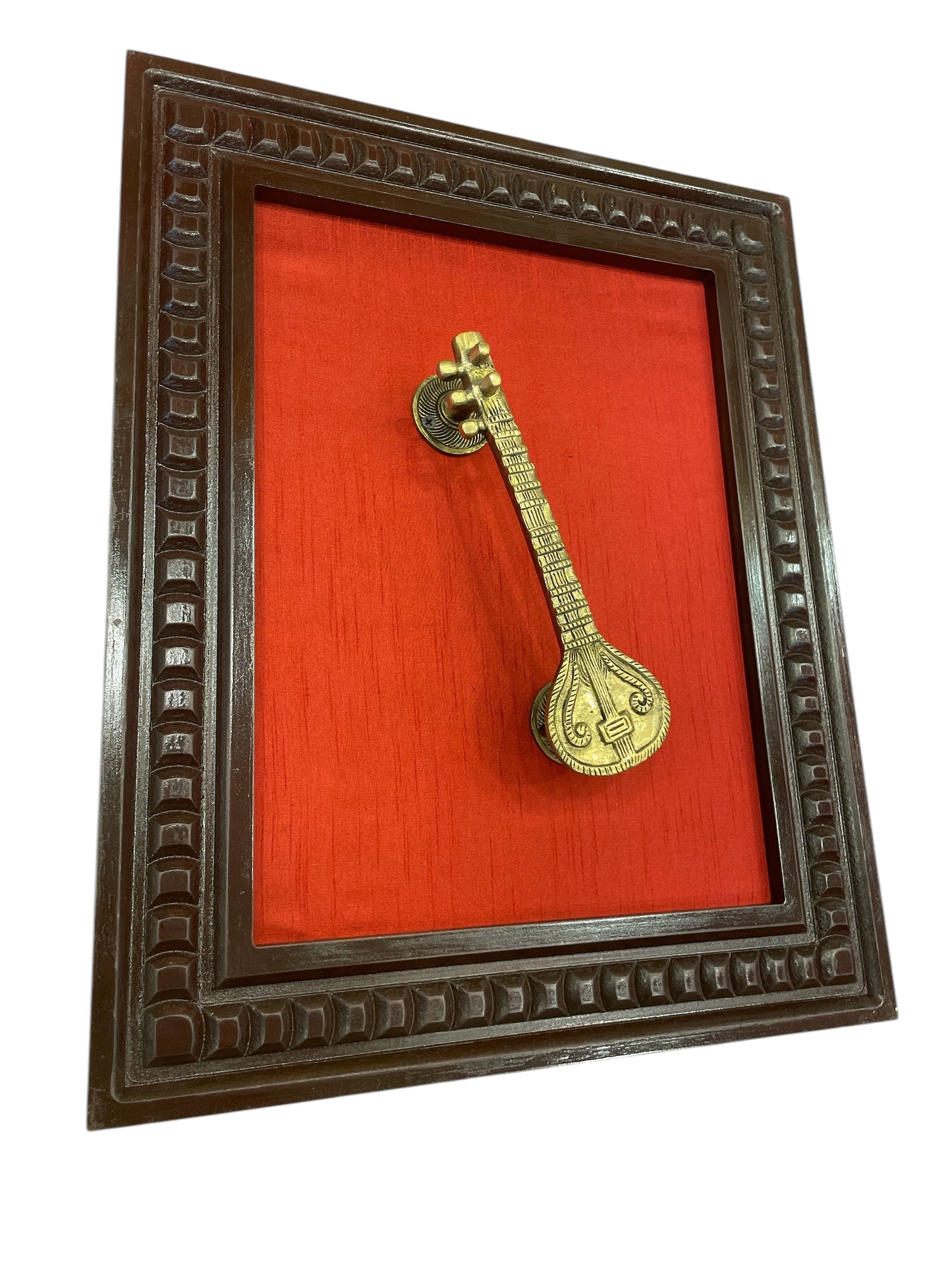 Sitar Brass With Wine red Backdrop Within Wooden frame