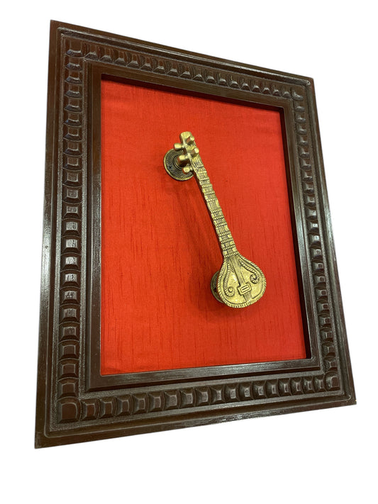 Sitar Brass With Wine red Backdrop Within Wooden frame