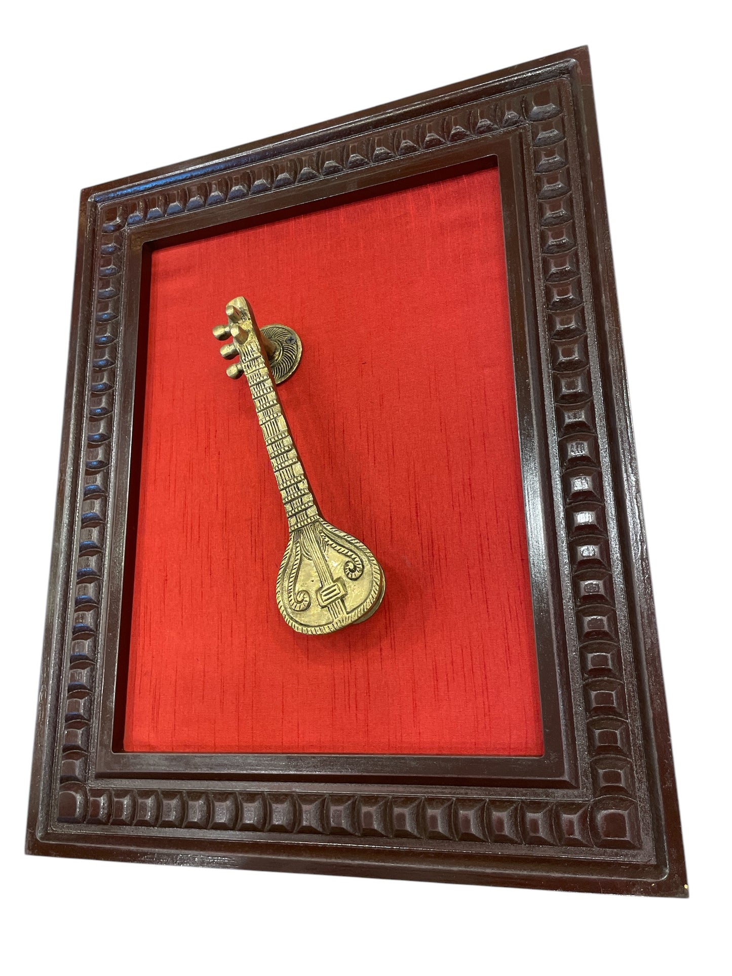Sitar Brass With Wine red Backdrop Within Wooden frame