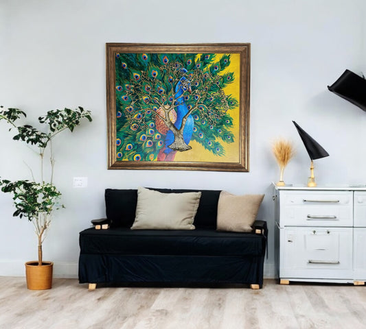 Metal Kalpavriksha Gold color with Peacock Backdrop in moulded Frame
