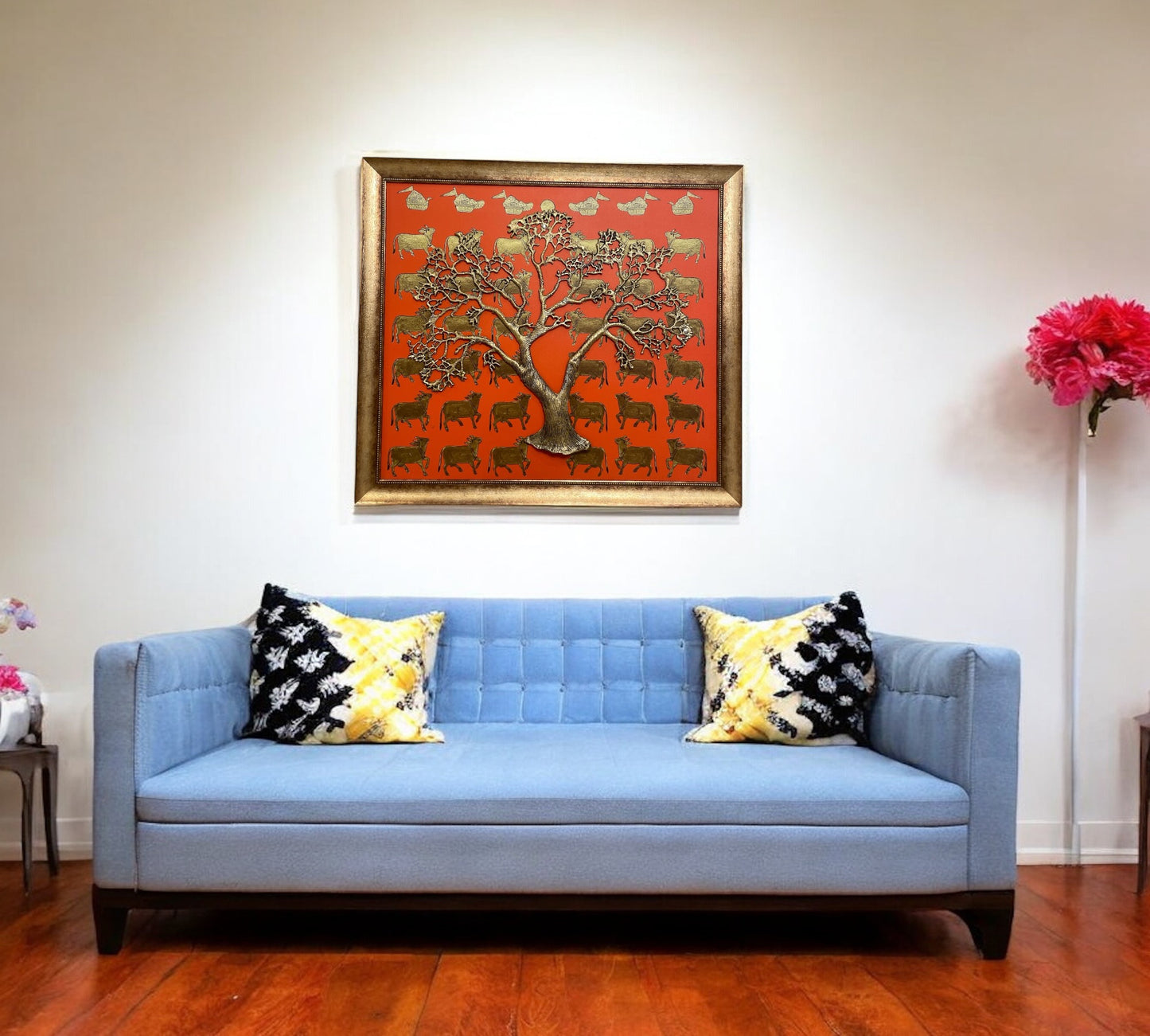 Metal Kalpavriksha With Kamadhenu Backdrop in moulded Frame
