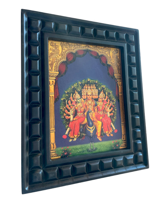 Murugan: Karthikeyan with Valli & Devyani - 2 Gold Leafed Art With Wooden Frame