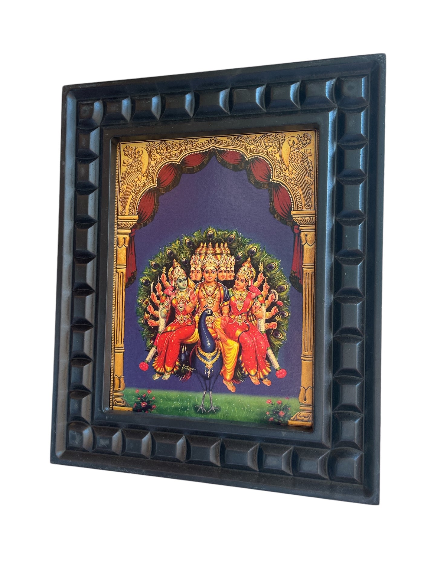Murugan: Karthikeyan with Valli & Devyani - 2 Gold Leafed Art With Wooden Frame