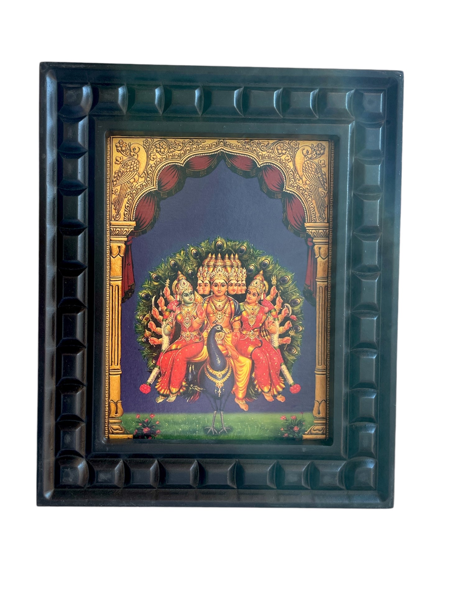 Murugan: Karthikeyan with Valli & Devyani - 2 Gold Leafed Art With Wooden Frame