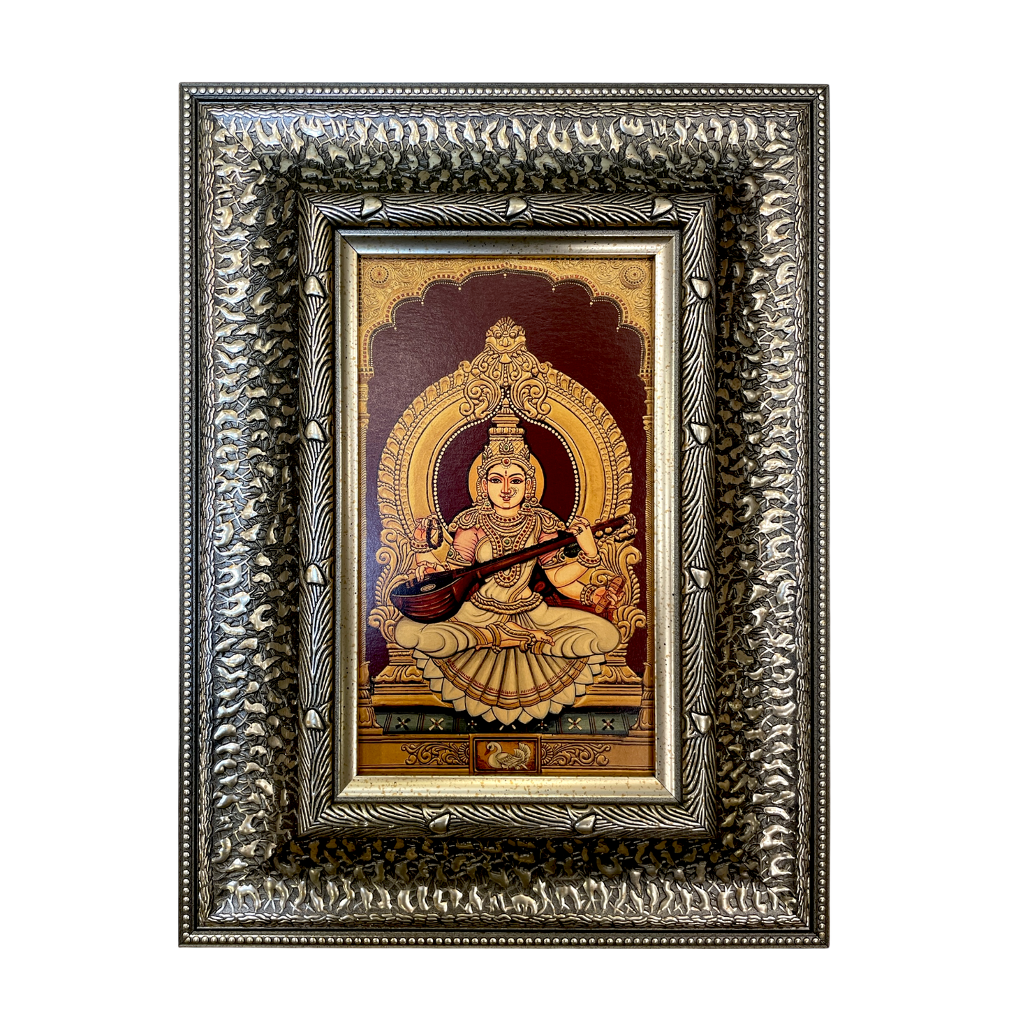Silver Moulded Goddess Saraswati Wall Art Frame – Contemporary Spiritual Decor
