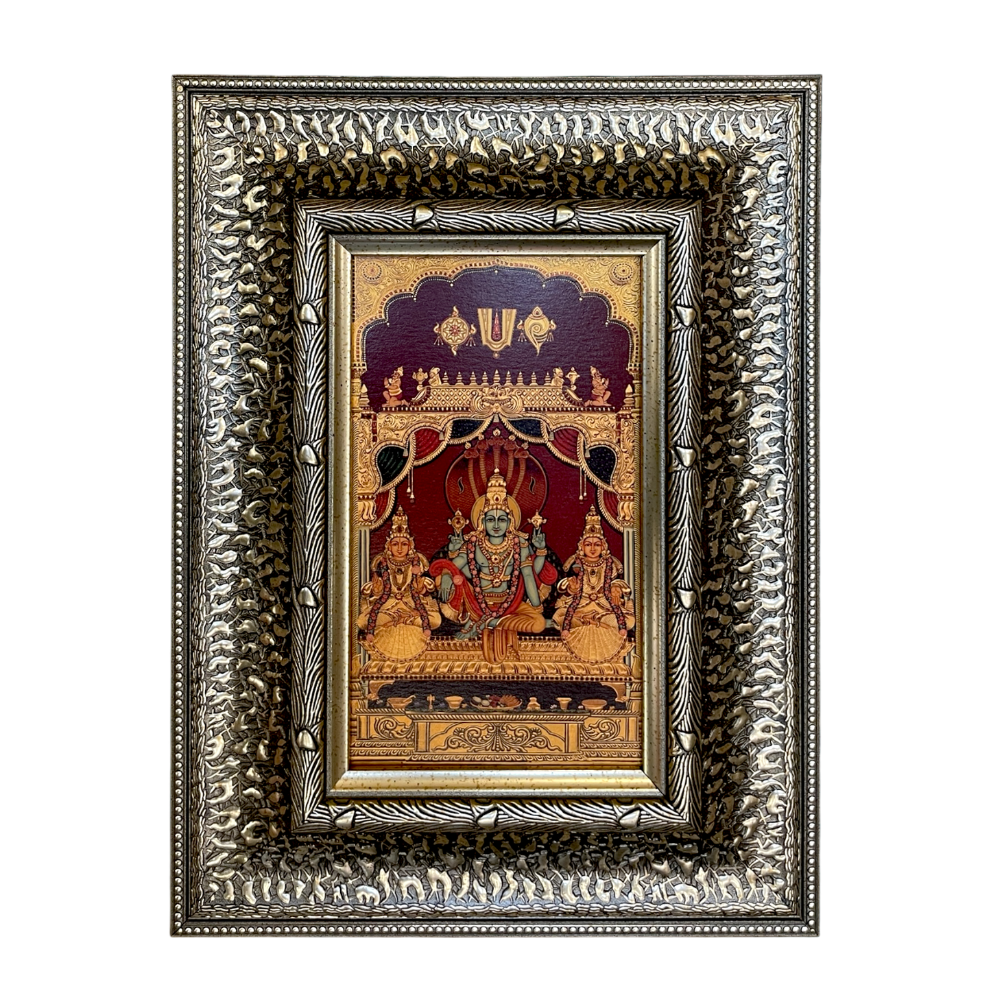 Silver Moulded Lord Vishnu with Sridevi & Bhudevi Wall Art Frame – Contemporary Spiritual Decor