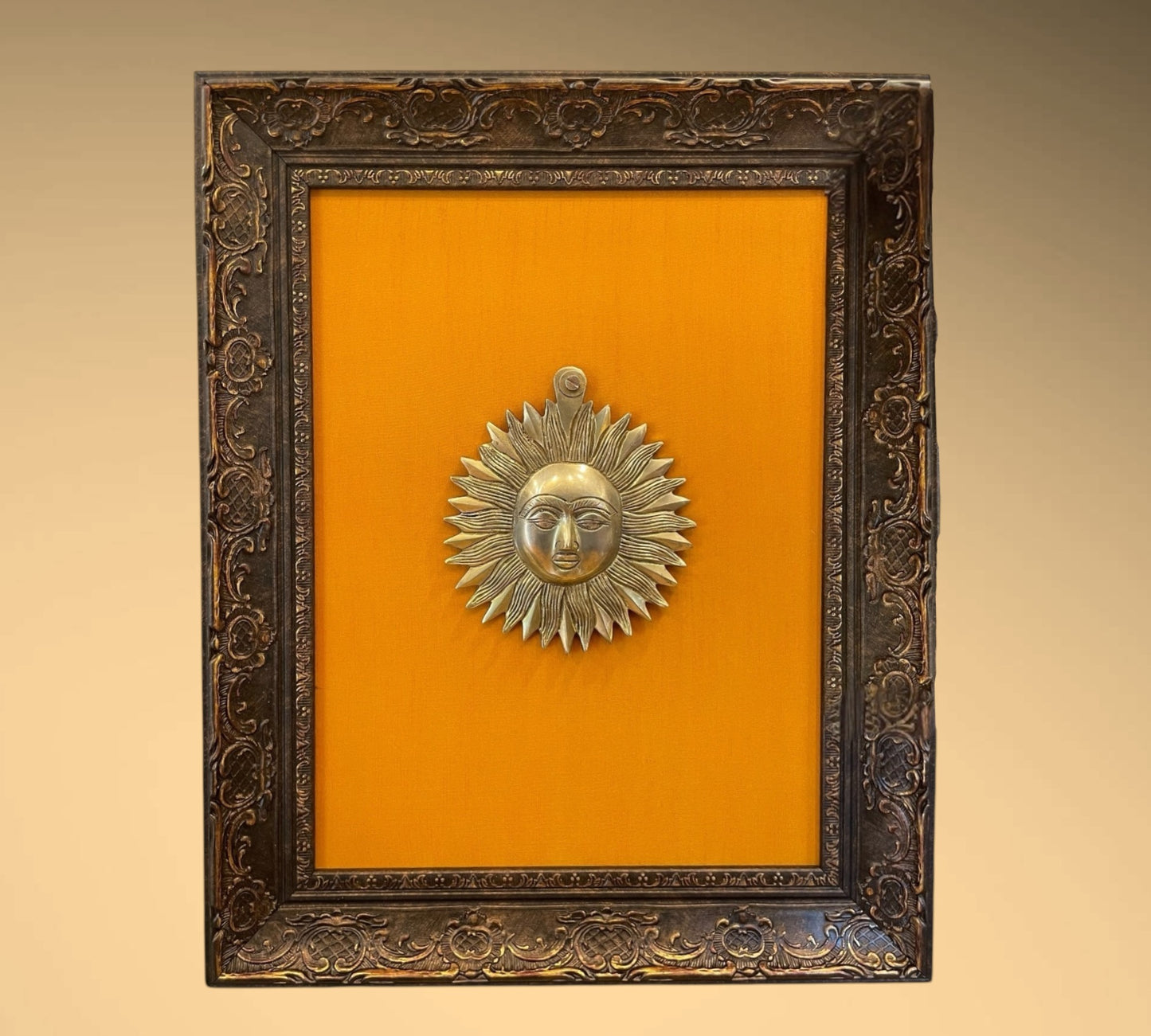 Brass Sun with Golden silk Backdrop in Moulded Frame