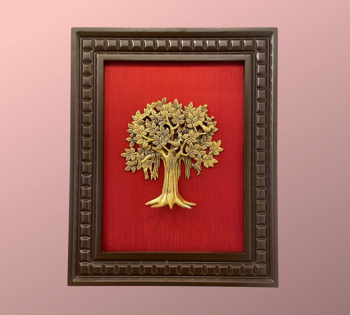 Brass Kalpavriksha with Red silk Backdrop in Wooden frame