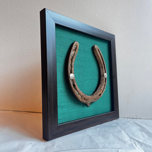 Good Luck Rustic Horse Shoe with Rama Green silk background in Brown frame
