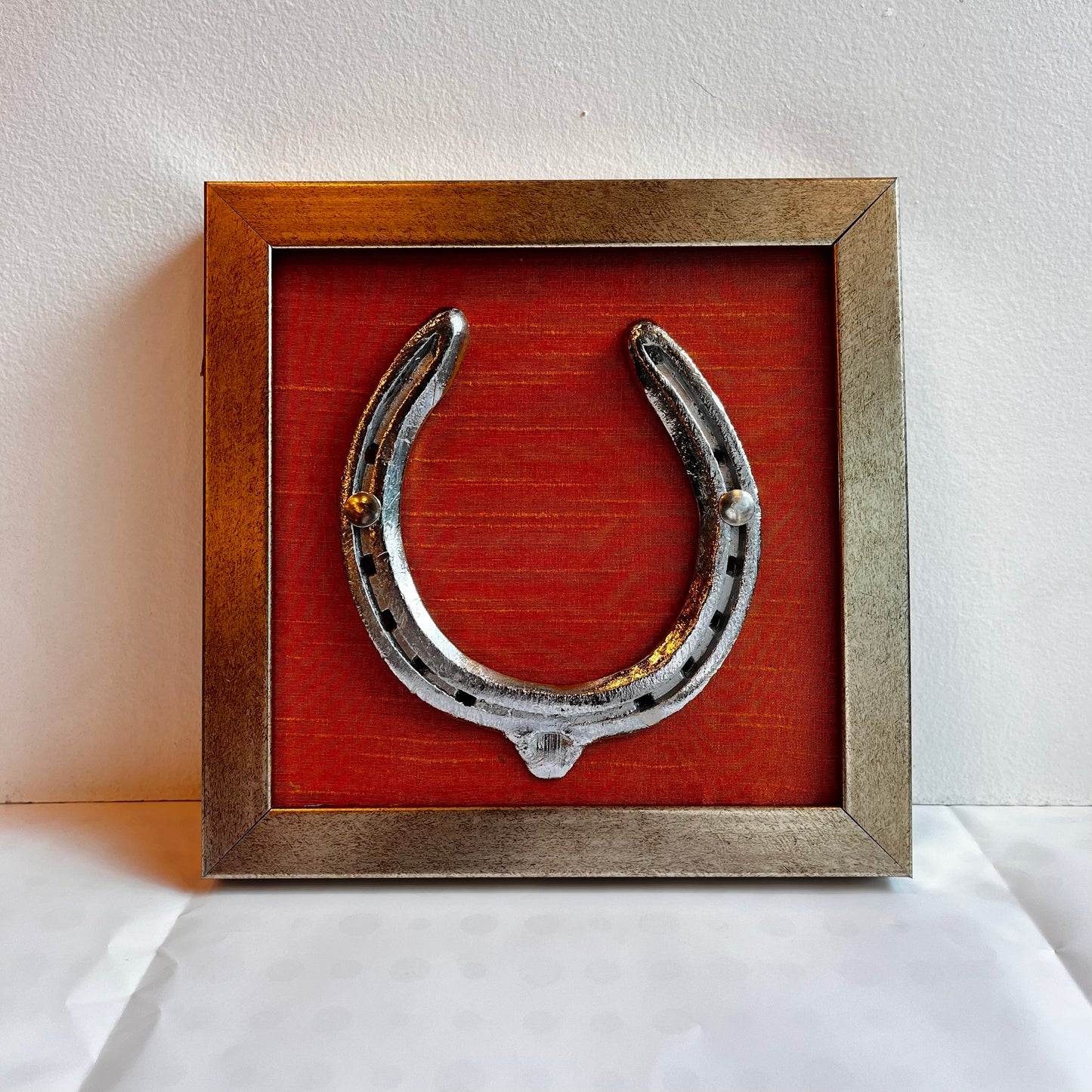 Good Luck silver Horse Shoe with Orange Silk background antique gold frame