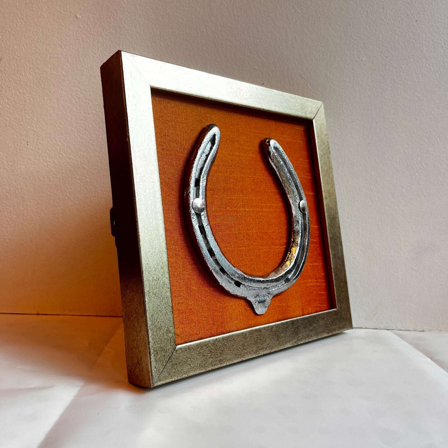 Good Luck silver Horse Shoe with Orange Silk background antique gold frame