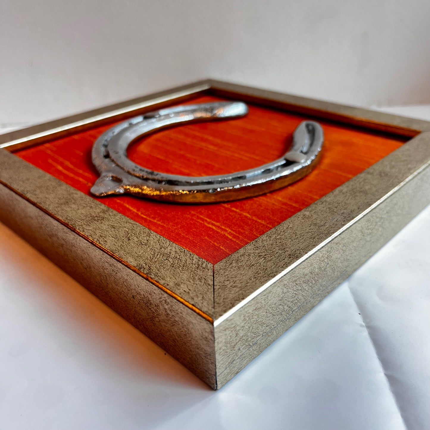 Good Luck silver Horse Shoe with Orange Silk background antique gold frame