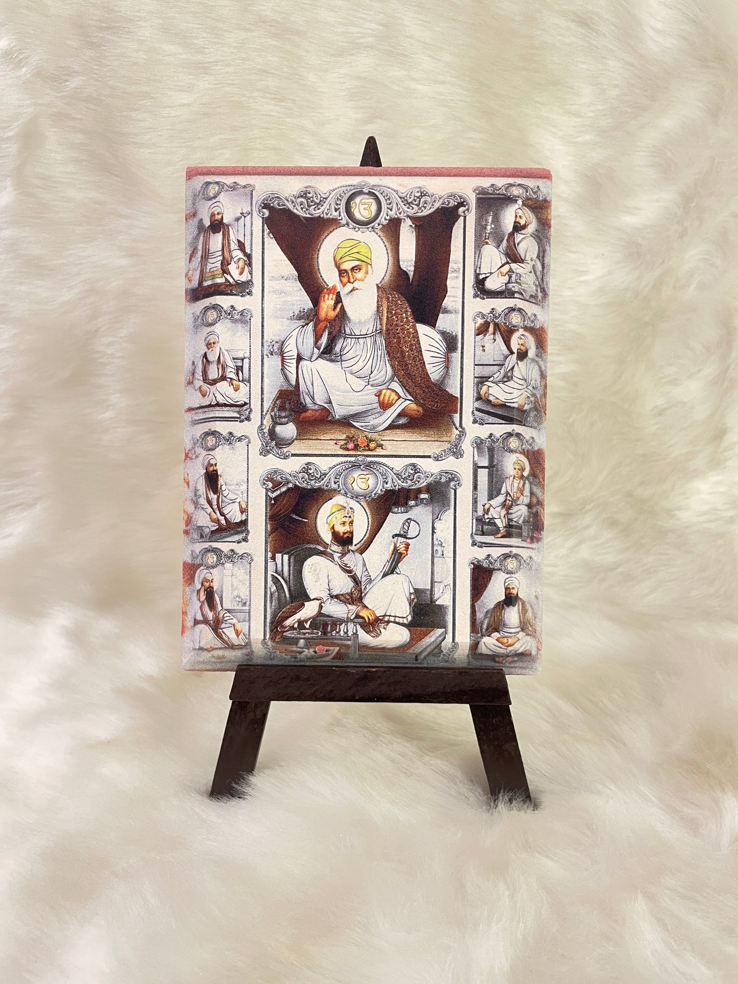 Ten Sikh Gurus on Sandstone with wooden stand
