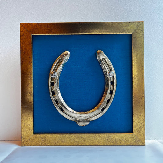 Good Luck Siver Horse Shoe with Blue silk background antique gold frame